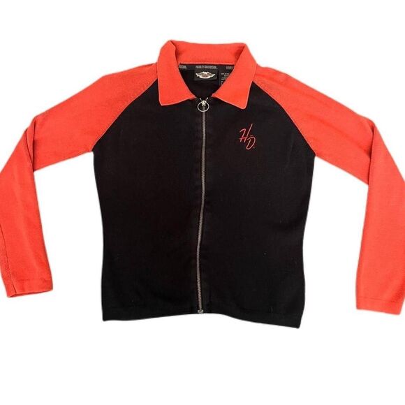 Black & Orange Vintage Harley Davidson Collared Full Zip-Up Knit. Size S. GUC - Picture 2 of 4